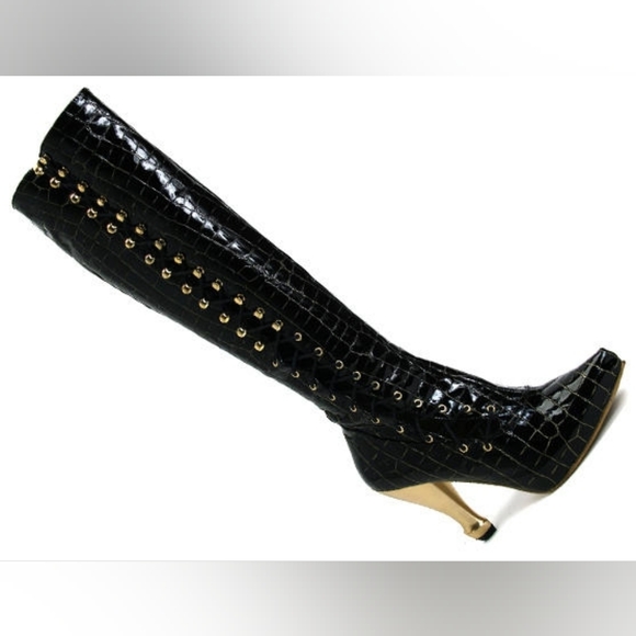 John Fluevog Black Croc-Patterned Boots with Gold Details - Picture 2 of 6